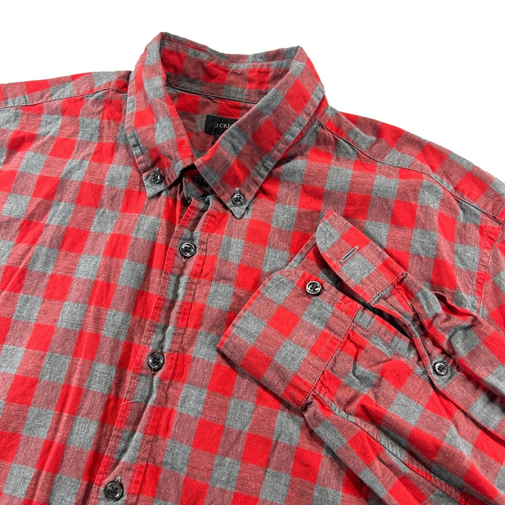 J.Crew Button Down Shirt Mens Large Red Grey Buffalo Check Cotton Long Sleeve